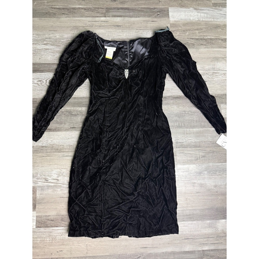 Vintage Gunne Sax Jessica McClintock Black Velvet Mini Dress Rhinestone Brooch